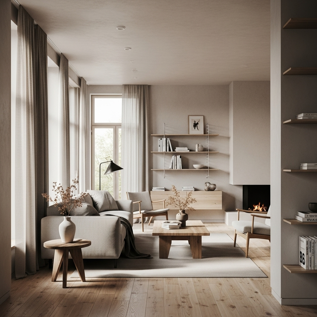 Photorealistic 3D rendering of a modern living room.
